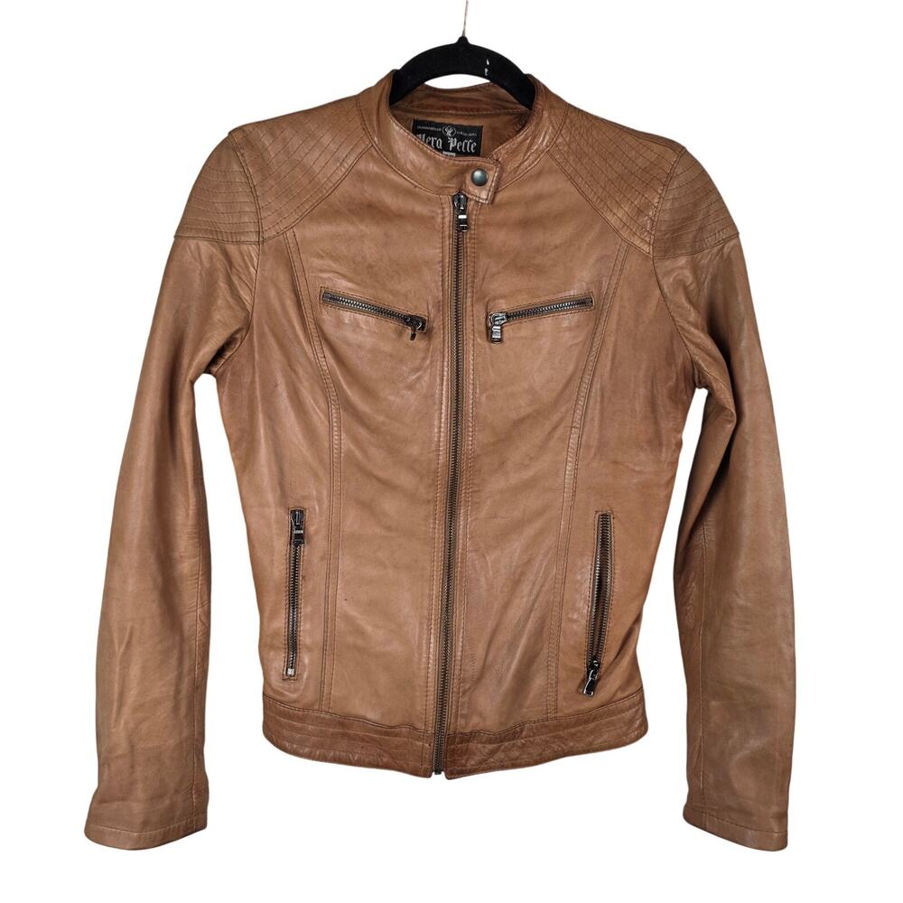 Vera Pelle Italian Cognac Leather Biker Moto Jacket